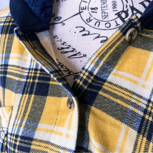 Mik Mesh Plaid Button Down Faux Sherpa Hoodie in Yellow Navy Blue Size 3XL - Picture 12 of 16